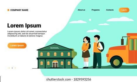 Happy children waiting school bus isolated flat vector illustration. Cartoon girl and boy standing on road near school building. Education and learning concept