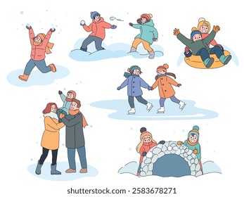 Happy children walk in winter. Snowy funny games, outdoor activities, family entertainments, snowballs, ice skating, ice cave, cartoon flat isolated illustration, vector cold season leisure set