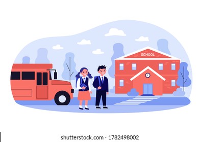 Happy children walking from bus to school entrance. Boy and girl crossing street on crosswalk. Vector illustration for education, back to school, road safety concept