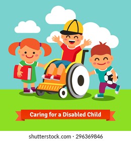 Happy Children Are Walking With Disabled Or Recovering Kid On A Wheelchair. Flat Style Vector Concept Cartoon Illustration.