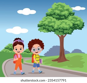 happy children walking to school