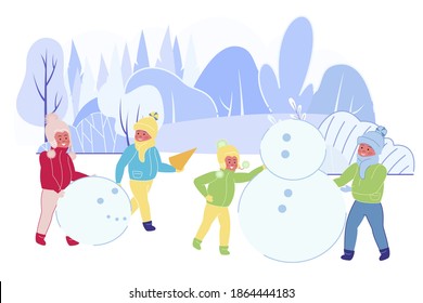 Happy Children in Warm Clothing Making Funny Snowman on Snowy Landscape Background. Winter Time Outdoor Activity. Kids Playing on Christmas Holidays Vacation Weekend. Cartoon Flat Vector Illustration