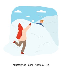 Happy children in warm clothing playing snowballs over snowdrift