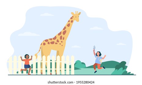 Happy children watching giraffe in zoo. Girls running, tall mammal behind fence flat vector illustration. Zoo, nature, wildlife, family activity concept for banner, website design or landing web page
