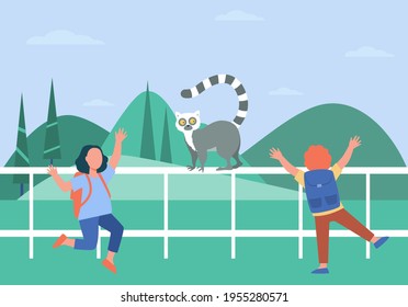 Happy children watching lemur in contact zoo. Girls looking at animal with long tail flat vector illustration. Zoo, family activity, wildlife concept for banner, website design or landing web page