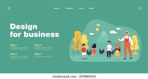 Happy children watching poultry on farm. Fence, chicken, farmer flat vector illustration. Nature and countryside concept for banner, website design or landing web page