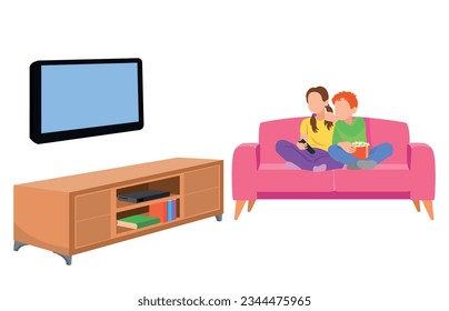 Happy children watching television together in living room