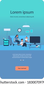 Happy children watching TV at home. Kids sitting on couch in living room flat vector illustration. Leisure time, movie, show concept for banner, website design or landing web page