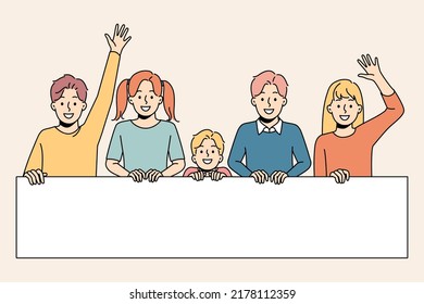 Happy children waving holding big paper banner on demonstration. Smiling kids have active social position go on march or protest. Activist and society. Vector illustration. 