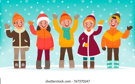 Happy children are waving their hands against the background of the winter landscape. Vector illustration in cartoon style