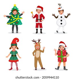 Happy children wearing Christmas costumes such as, Christmas tree, Santa clause holding bell, snowman, elf, reindeer, and gift box character. Vector of cute kids dressing in carnival holiday.