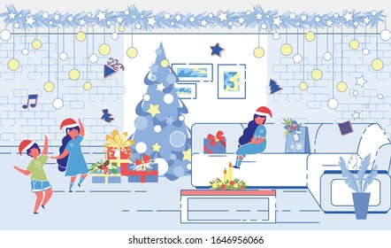 Happy Children Wearing Festive Dressing and Santa Claus Hats Dancing and Playing around of Decorated Christmas Tree with Baubles and Garlands. Xmas Eve Celebration. Cartoon Flat Vector Illustration