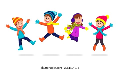 Happy children wearing winter clothes and jumping together