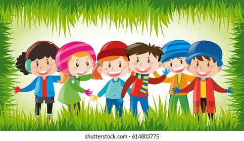 Niños felices con ropa de invierno
