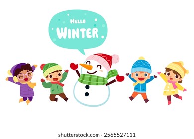 Happy children in winter clothes and snowman jumping with Hello Winter in dialouge bubble.