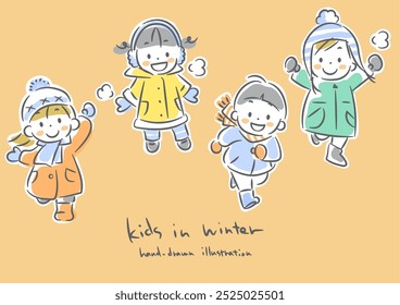 happy children in winter, cute hand-drawn illustration