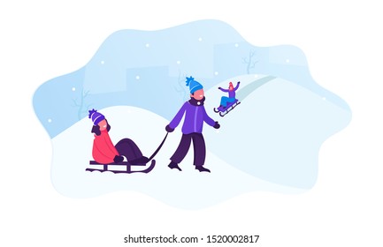 Happy Children Wintertime Activity. Little Kids Enjoying Sleds Riding in Winter Park with Snow Hills. Holidays Fun and Outdoors Walking Boy Pull Sled with Sitting Girl Cartoon Flat Vector Illustration