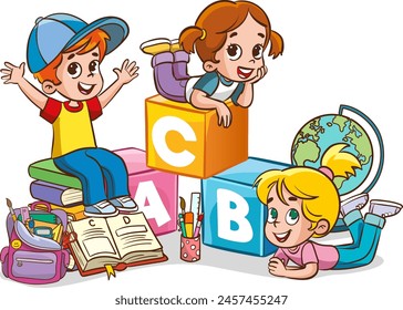 Happy Children Working and Learning vector illustration