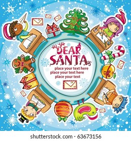 Happy children writing letters to Santa Claus. Christmas greeting card