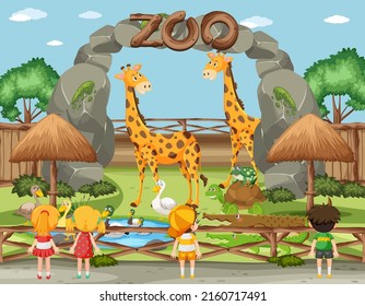 Happy children at the zoo illustration