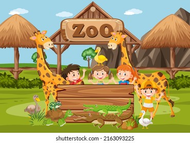 Happy children at the zoo illustration