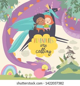 Happy children,dragon and unicorn. Adventures are calling. Vector illustration