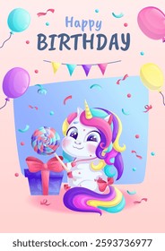 Happy children's birthday greeting card with unicorn, gift, lollipop, confetti, balloons, garland. Birthday party, celebration, greetings, invitation concept. Vector illustration.