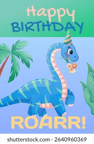 Happy children's birthday greeting card with a dinosaur in a hat and a bouquet of flowers. The concept of a birthday party, celebration, congratulations, invitations. Vector illustration.