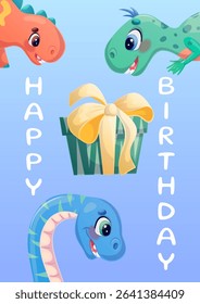 Happy children's birthday greeting card with dinosaurs and gift box. The concept of a birthday party, celebration, congratulations, invitations. Vector illustration.