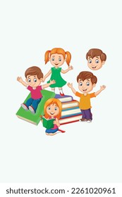 Happy childrens with books vector design illustration