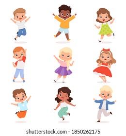 Happy childrens. Cute playing kids in action poses vector boys and girls