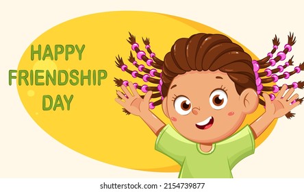 Happy Children's day. 1 June. Greeting card with cute cheerful girl cartoon character.