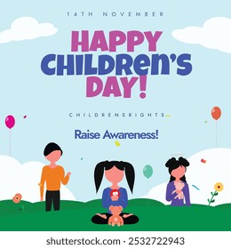 Happy Children's Day. 14th November Children's day celebration banner with children of different age playing in a park, garden with flowers, balloons. The day recalls the birthday of Jawaharlal Nehru.