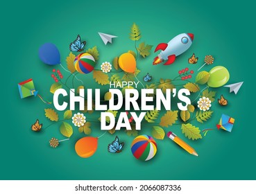 Happy children's day background greetings with kid props vector illustration design