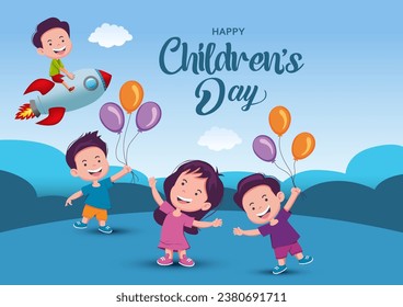 Happy children's day background greetings with kid flying rocket vector illustration design