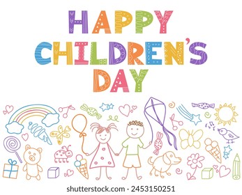 Fondo del día de los niños feliz. Letras a mano y dibujos de niños divertidos simple borde. Tarjeta de felicitación con contorno de Doodle colorido. Feliz infancia, vacaciones de verano, concepto de amistad