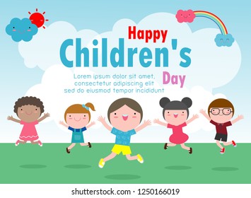 Happy children's day background poster with happy kids vector illustration