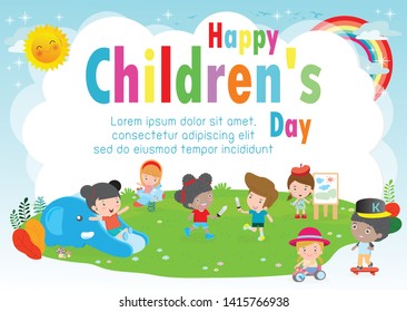 Happy children's day background poster with happy kids playing in playground  vector illustration