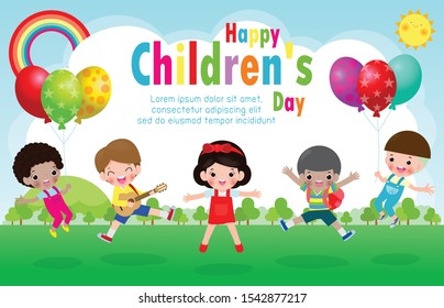 Happy children's day background poster with happy kids vector illustration