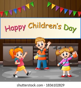 Happy children's day background poster with happy students