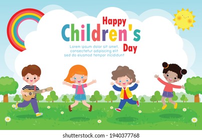 Happy children's day background poster with happy kids jumping and holding toys isolated vector illustration