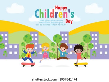 Happy children's day background poster with happy kids jumping and playing skateboard in city isolated vector illustration