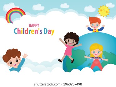 Happy children's day background poster with happy kids on World in the cloudy sky and rainbow greeting card isolated vector illustration