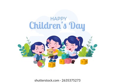 Happy children's day background poster with happy kids vector illustration