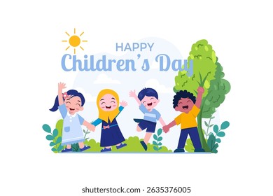 Cartaz de fundo do dia das crianças felizes com ilustração vetorial de crianças multiculturais felizes