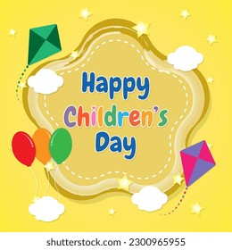 Happy Children's Day with balloon, kite, star on yellow background.