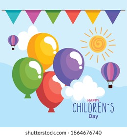 Happy childrens day with balloons and hot air balloon design, International celebration theme Vector illustration