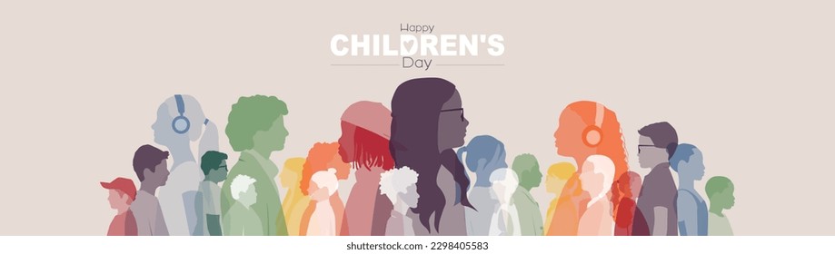 Happy Children's Day banner. Children of different ethnicities stand side by side together. Flat vector illustration.