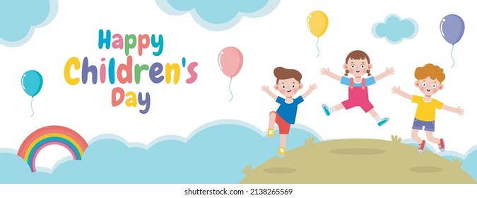 Happy children's day banner Template background, kids jumping and dancing and playing together, advertising brochure, your text, flat Funny cartoon isolated vector Illustration
