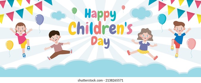 Happy children's day banner Template background, kids jumping and dancing and playing together, advertising brochure, your text, flat Funny cartoon isolated vector Illustration